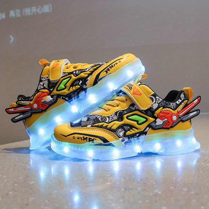 Hook And Loop Fastener Color Block Usb Charging Luminous Sole Chunky Shoes  Trendy Retro Comfy Sneakers For Boys