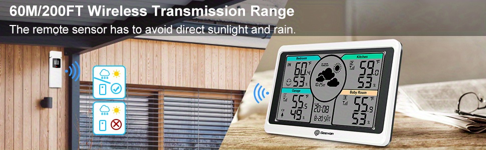 Geevon Weather Station Wireless Indoor Outdoor Thermometer Multiple  Sensors, Digital Temperature Humidity Monitor with Removable DIY Label  Stickers, Dual Alarms and Adjustable Backlight 