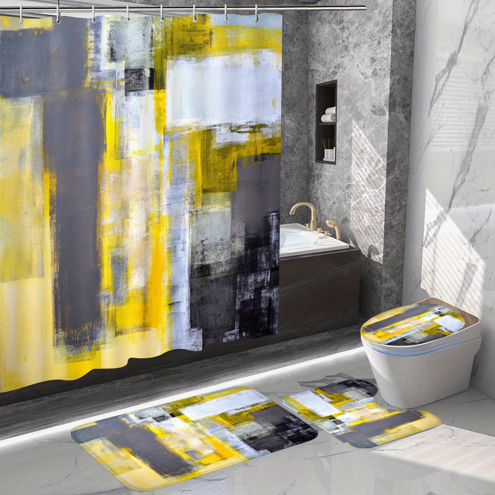 Bathroom Rug Bath Rugs Yellow Grey Graffiti Decor Non-Slip Design