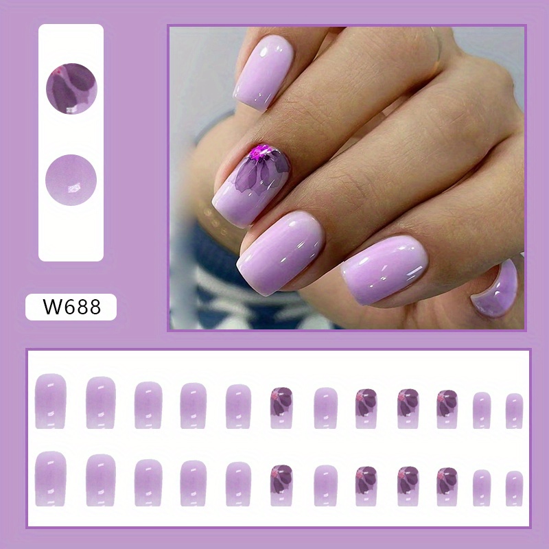 Square Short False Nail Gradient Light Purple Press on Nails for Nail Art  24pcs