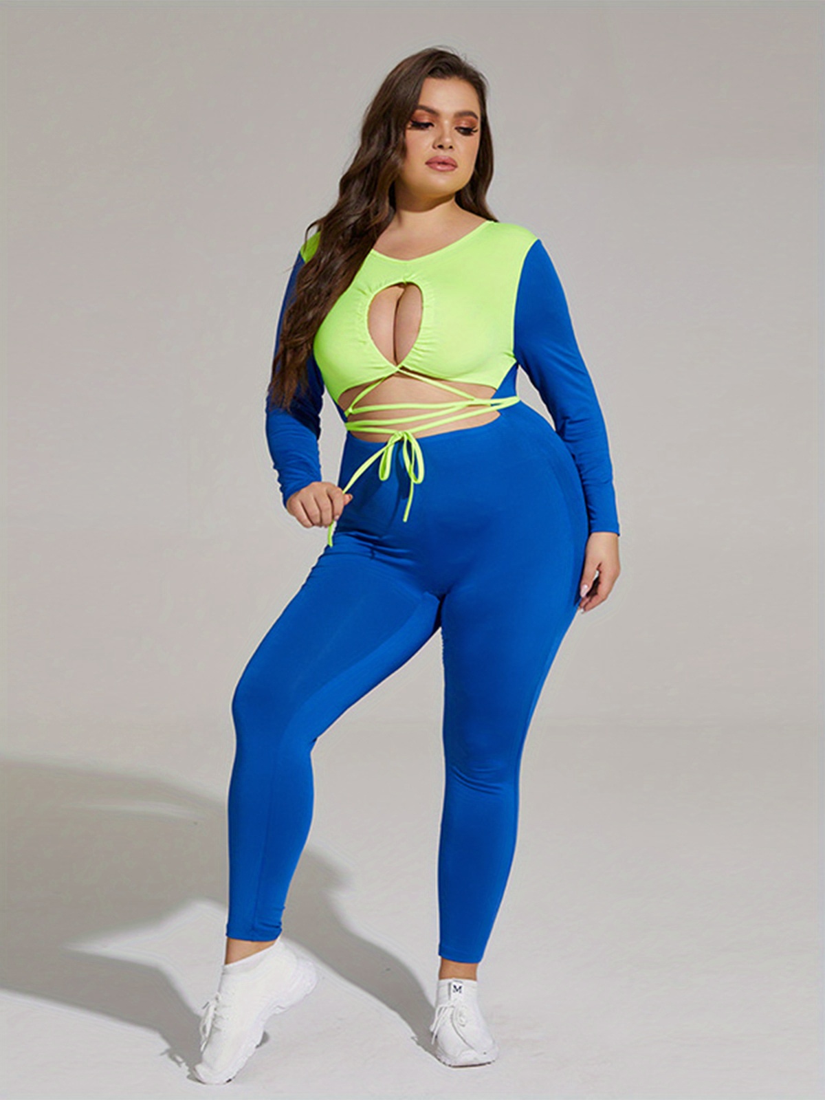 Plus Size Sports Outfits Set Women's Plus Colorblock Cut - Temu