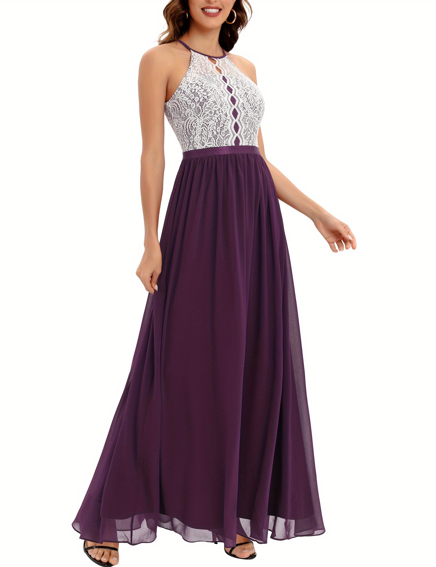 Lace Splicing Halter Neck Dress Elegant Aline Sleeveless Temu