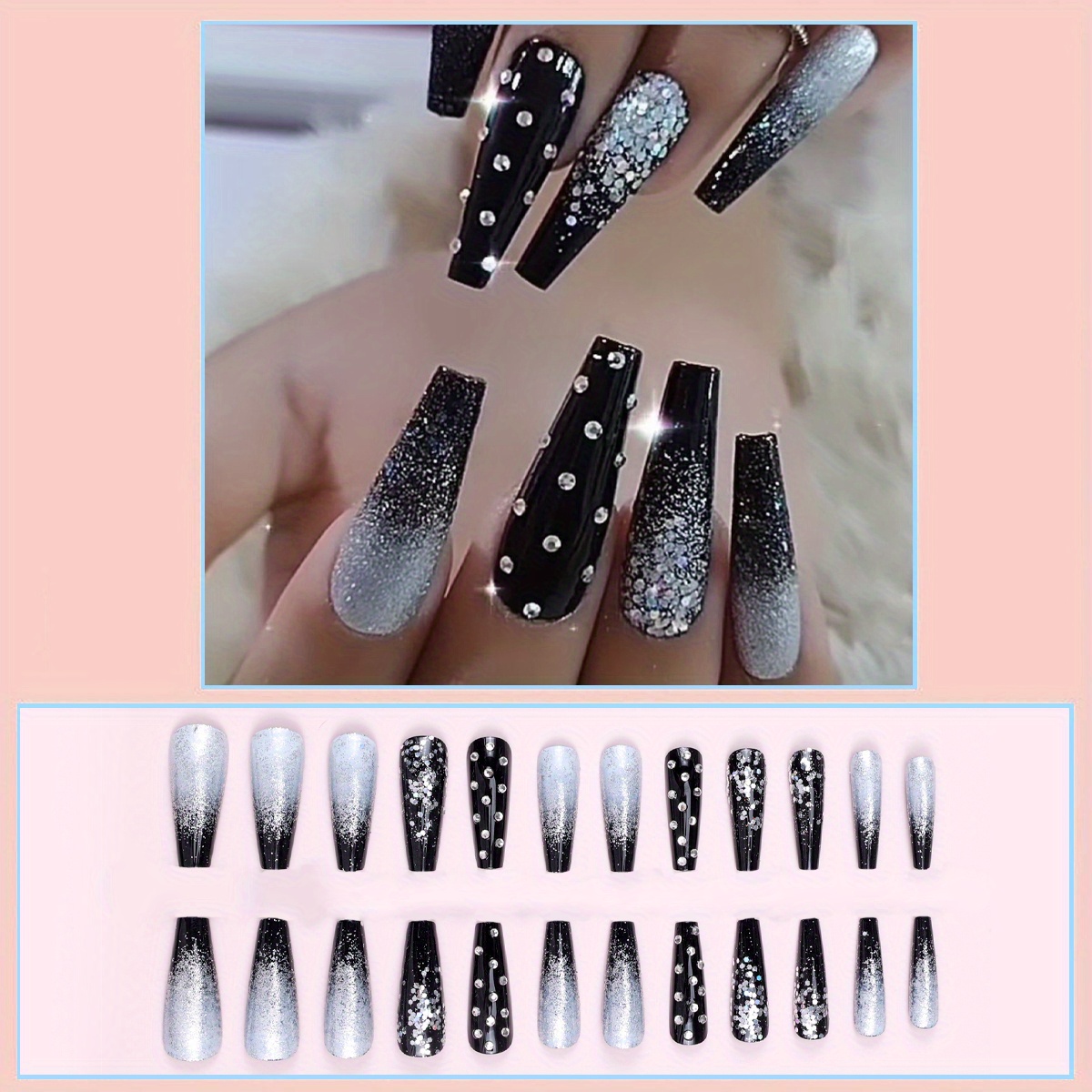 Glamorous Black Ballerina Coffin Fake Nails With Rhinestones - Temu