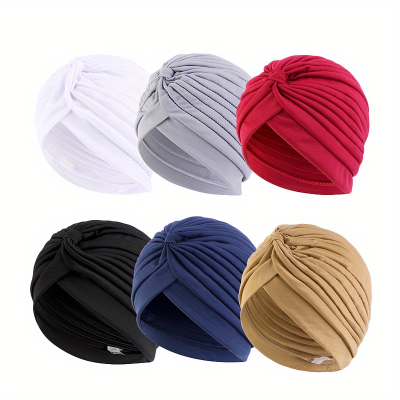 6-pack Polyester Knitted Turban Hats For Women And Men, Elastic Knot Cap, Simple Solid Color, No Feathers, Casual Headscarf, Chemo Hijab, Indian Cap Bandana, Comfortable Headband