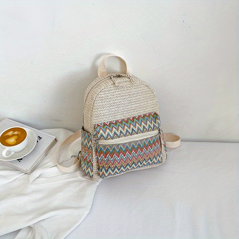 Colorful Woven Straw Backpack Colorblock Summer Beach Bag - Temu
