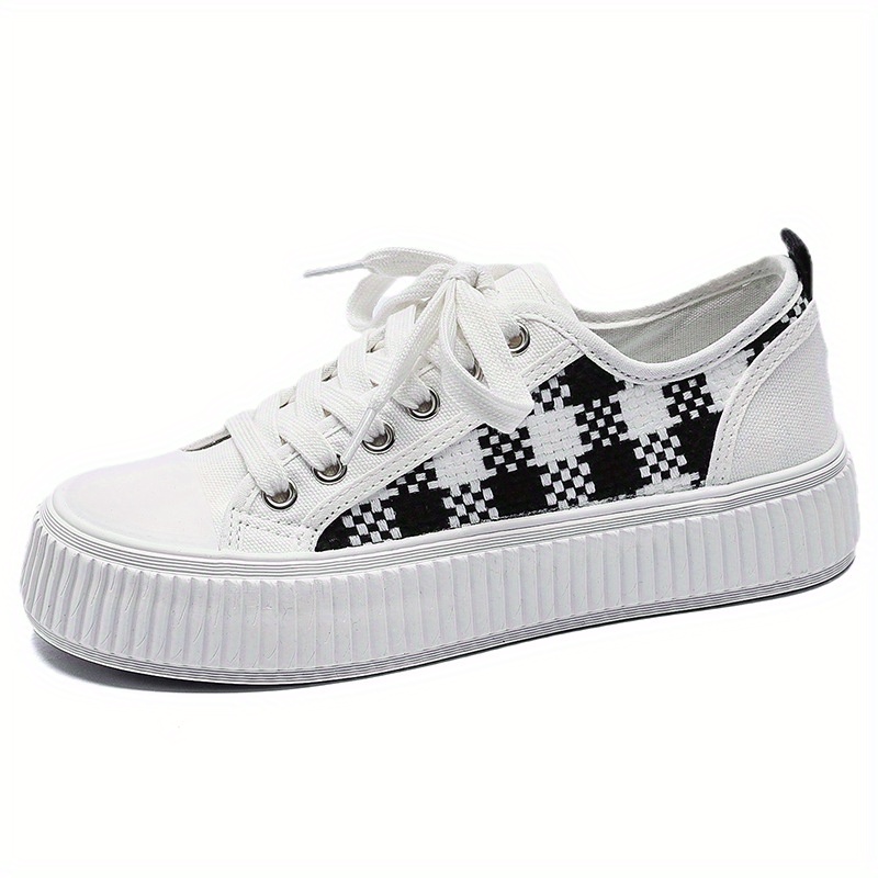 Plaid Board Canvas Shoes Women s Lace Low Top Round Toe