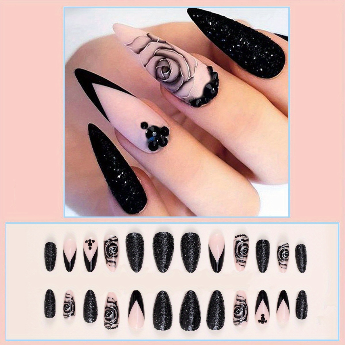 Black Pink With Rhinestones Nail Design on Acrylic Press on Nails