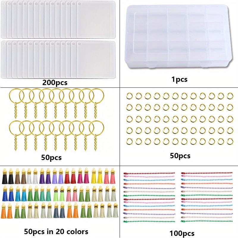 451pcs DIY Sublimation Acrylic Blank Keychains Box Set,Clear Acrylic  Keychain 1pc15grid Storage Box,200Square Acrylic Blanks,50Keychain  Tassels,50KeyC