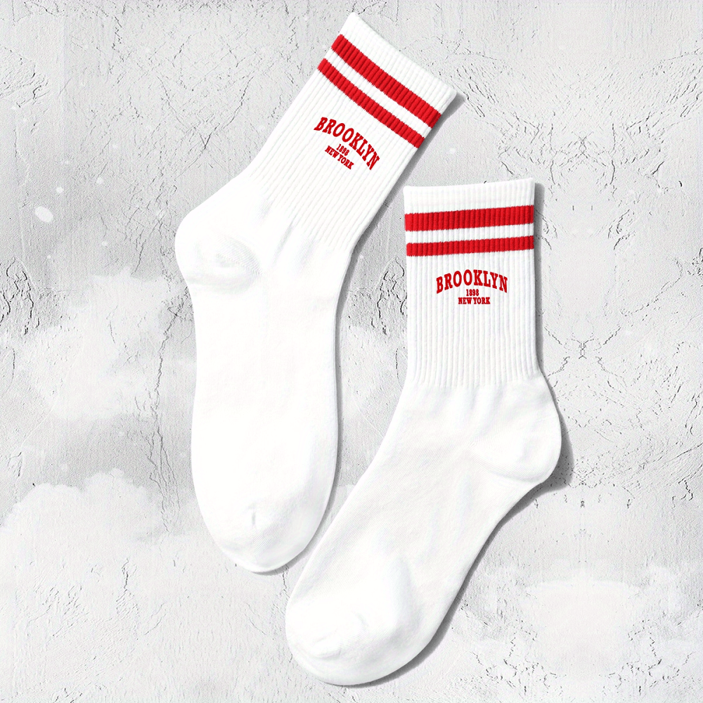 1 Pair Of Women's Striped Letter Trendy Mid-calf Socks Suitable For Sports And Casual Breathable Long Socks