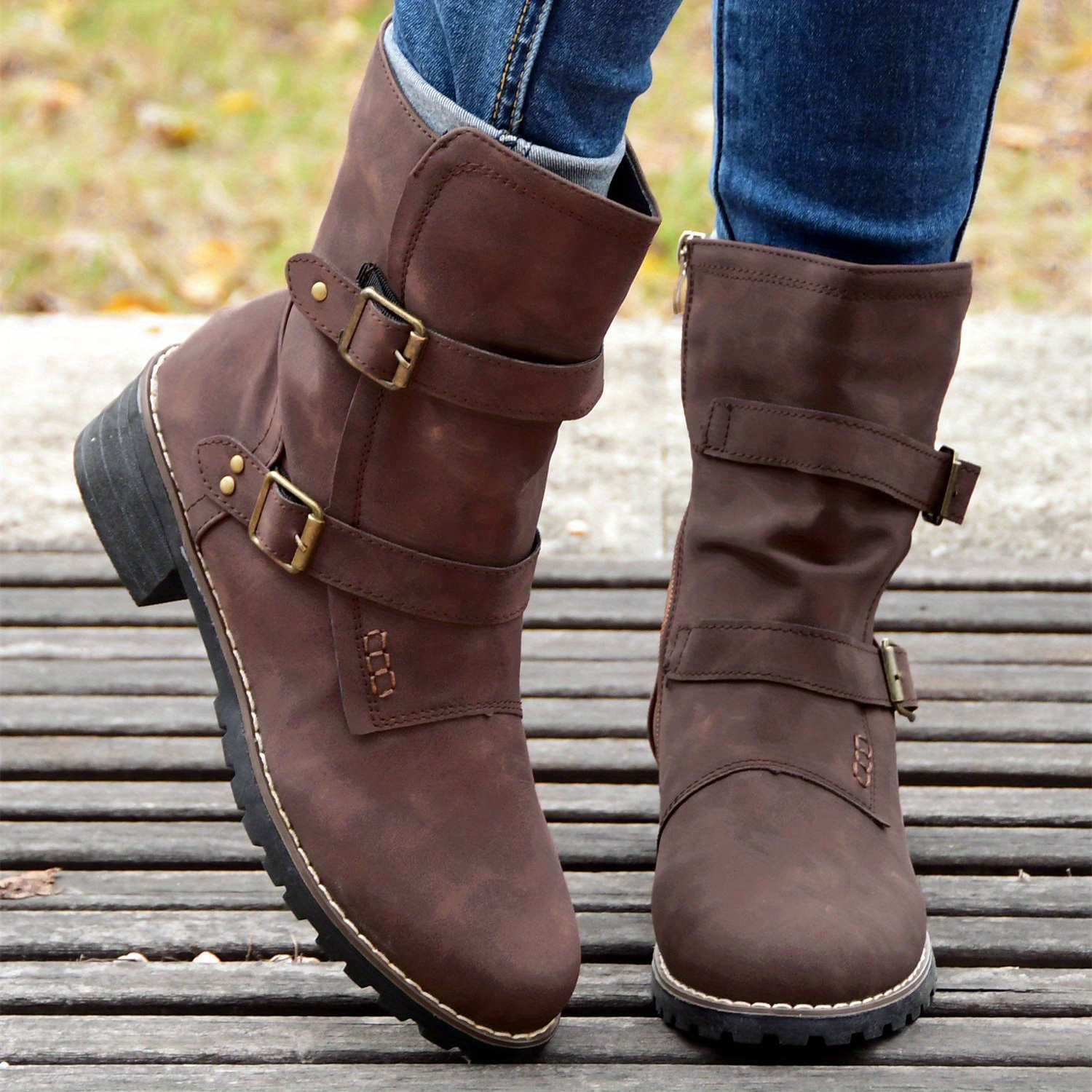Women's Retro Mid Calf Boots Double Buckle Strap Side Zipper Shoes