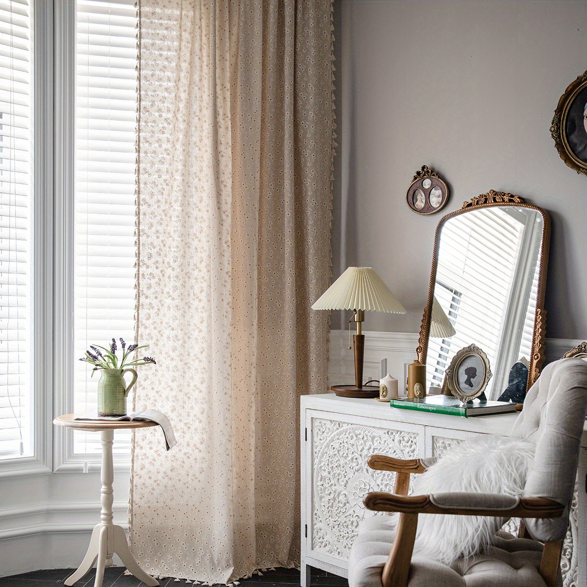 Image of 1pc Daisy Printed Tassel Rod Pocket Curtains For Bedroom, Office, Kitchen, Living Room, Study - Pastoral Style Floating Window Treatment For Home Decor And Room Decoration