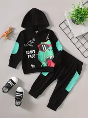 boys trendy outfit cool dragon letter print stitching long sleeved hoodie trousers 2pcs suit details 1