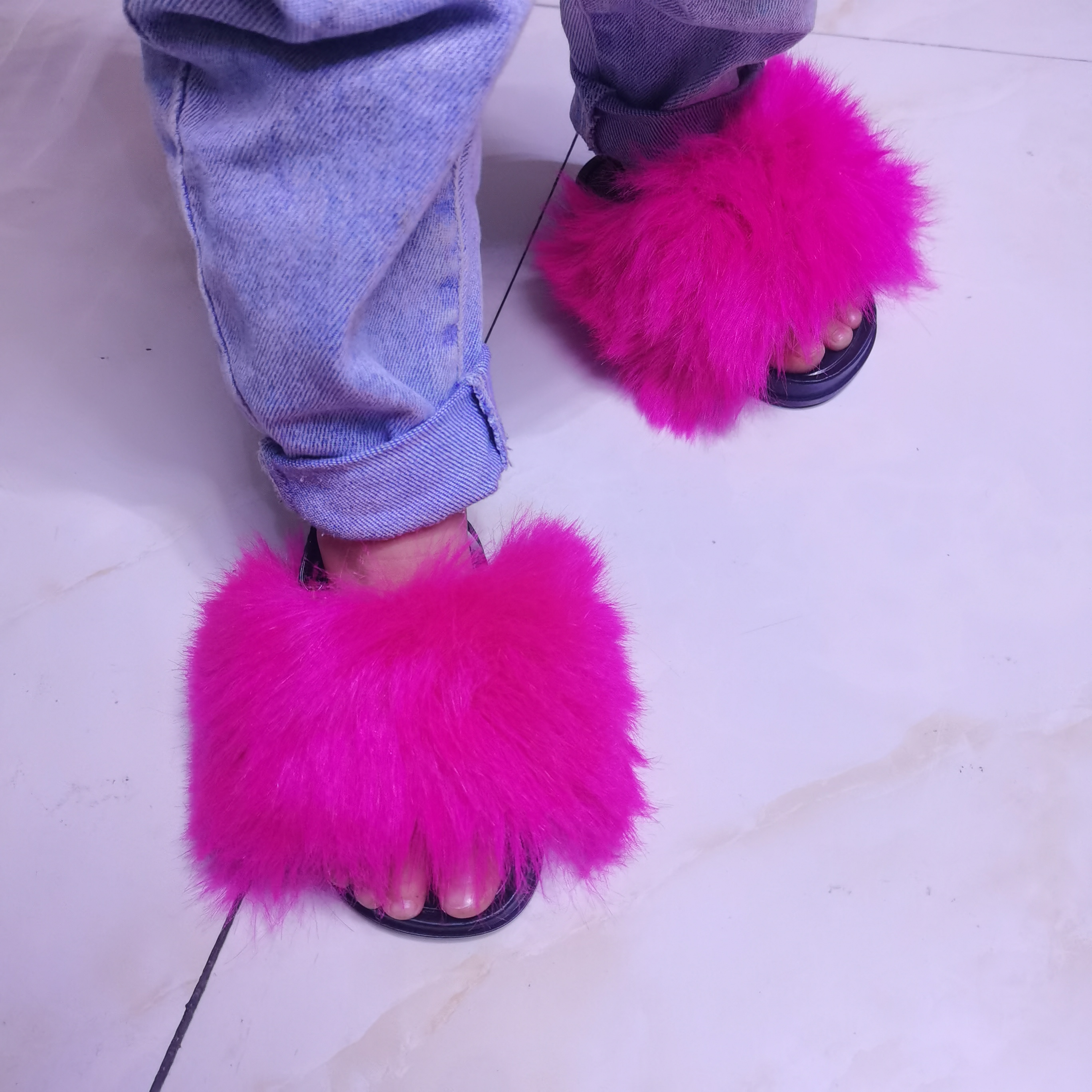 Faux Fur Slides, Hot Pink