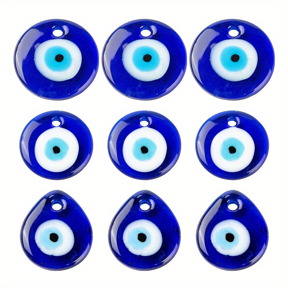 Image of 12pcs 3 Styles Flat Teardrop Round Evil Eye Glass Pendants Blue Handmade Lampwork Dangle Charms Glossy Water Drop Devil Eyes Pendant For Earring Necklace Bracelet Making Decor