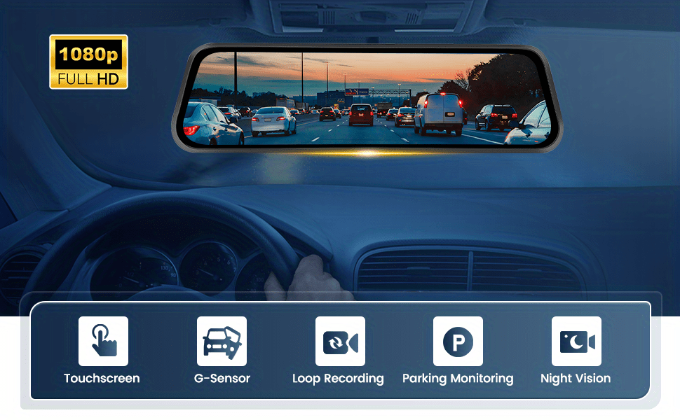 10mirror Dash Cam Front And Rear,1080p Touch Screen Car Rearview Camera,  G-sensor, Night Version, Loop Recording, 24h/7 Parking Monitor - Temu