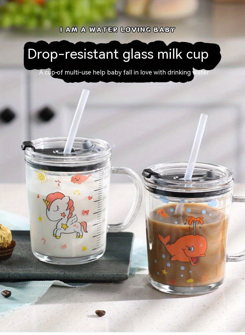 Glass Tumbler Milk Cup Children Cute Cartoon Juice Cup with Straw