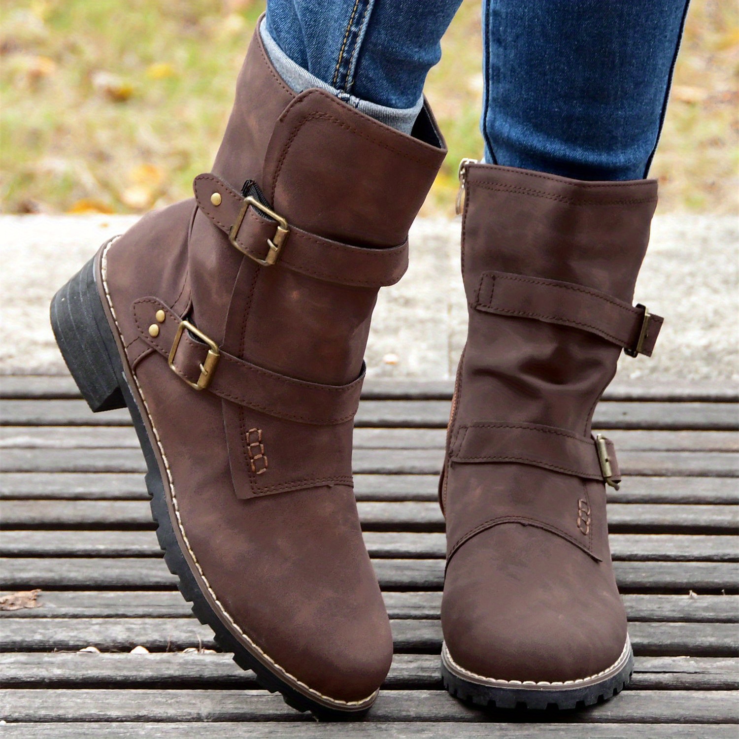 Women's Retro Mid Calf Boots Double Buckle Strap Side Zipper Shoes