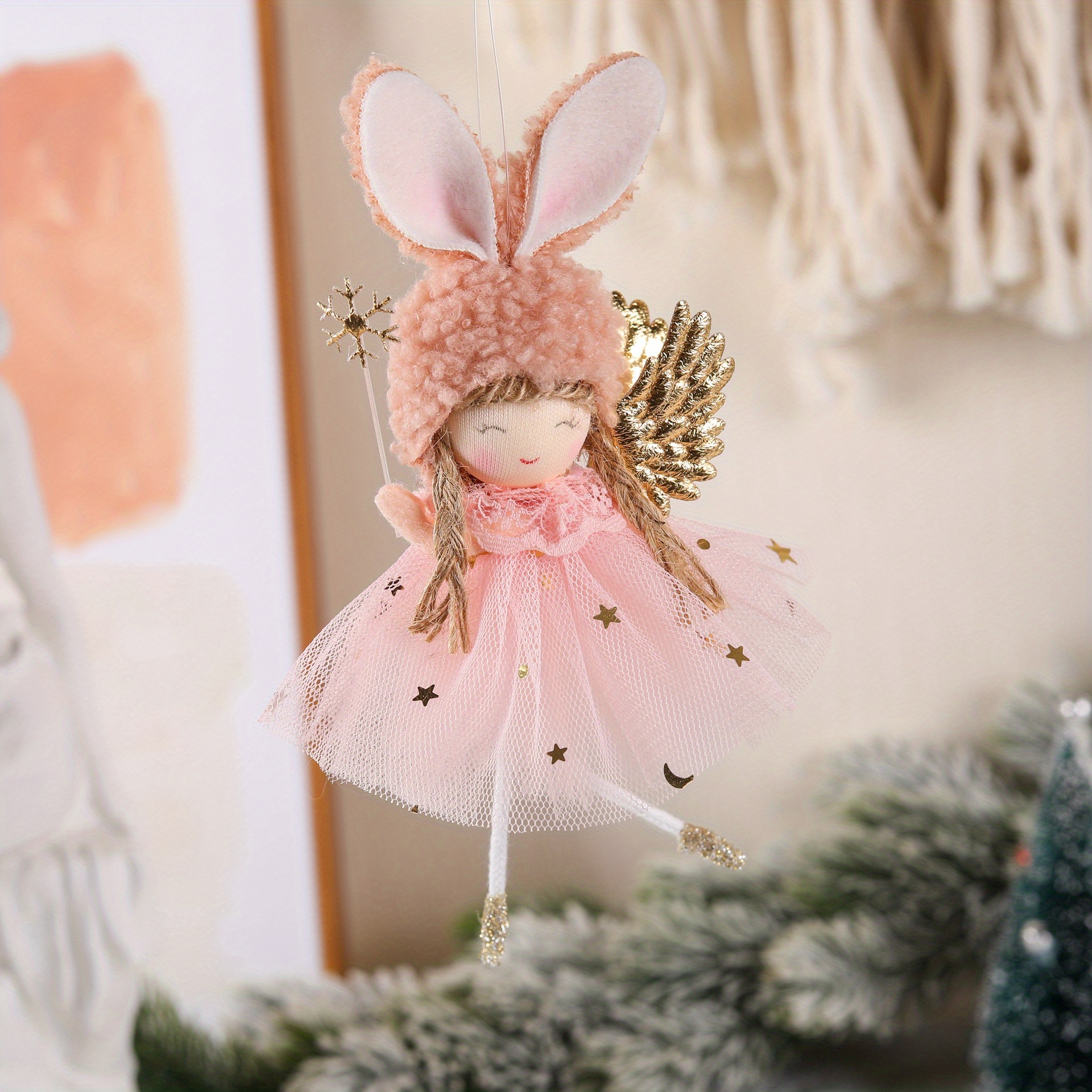 2pcs, Lovely Plush Bunny Ears Angel Pendant Tree Hanging Ornaments,  Christmas Decoration For Tree, Xmas , Festival Decoration,Christmas Holiday  Party