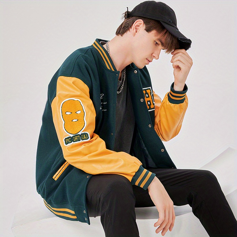 Retro Style Embroidery Varsity Pu Jacket, Men's Casual Color Block