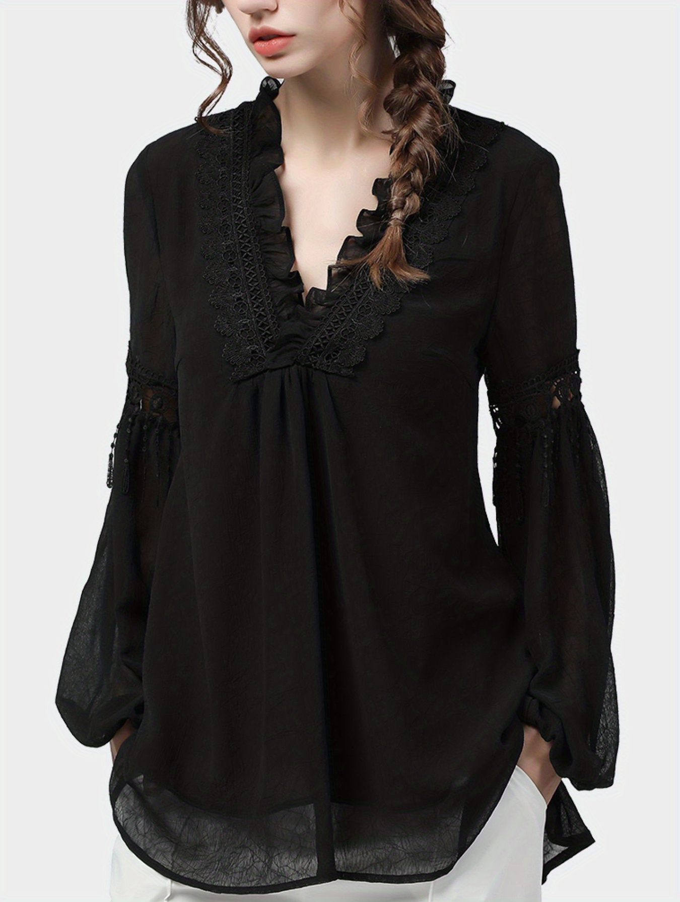 Solid V Neck Contrast Lace Blouse Casual Long Sleeve Blouse - Temu ...