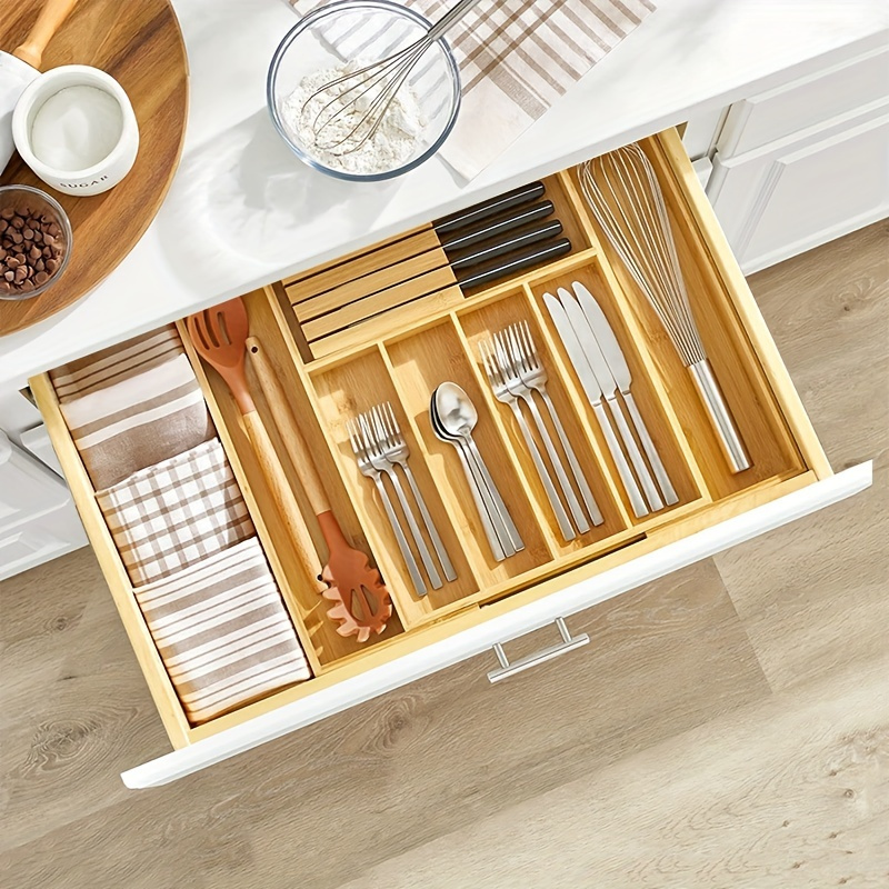  Bandeja de cubiertos para cajón, organizador de cajones de  cocina de bambú, cajón extensible de bambú para utensilios, bandeja  ajustable para cubiertos, separadores de cajones : Hogar y Cocina