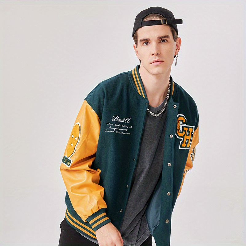 Retro Style Embroidery Varsity Pu Jacket, Men's Casual Color Block