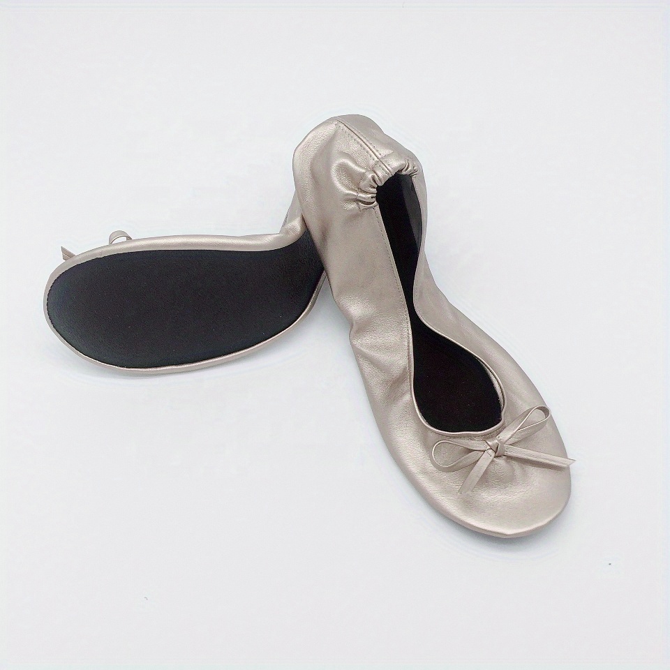 Women's Portable Ballet Flats, Bowknot Rollable Soft Sole Wedding Flat Shoes, Comfy Dancing Flat Shoes With Purse Bag