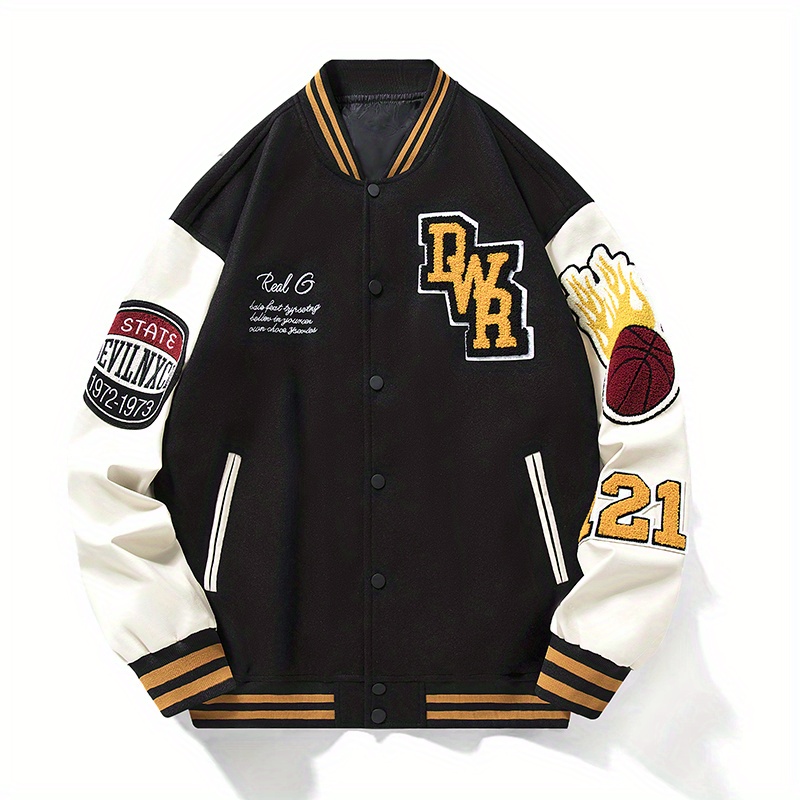 Vintage Style Embroidery Letter Print Varsity Jacket, Men's Casual