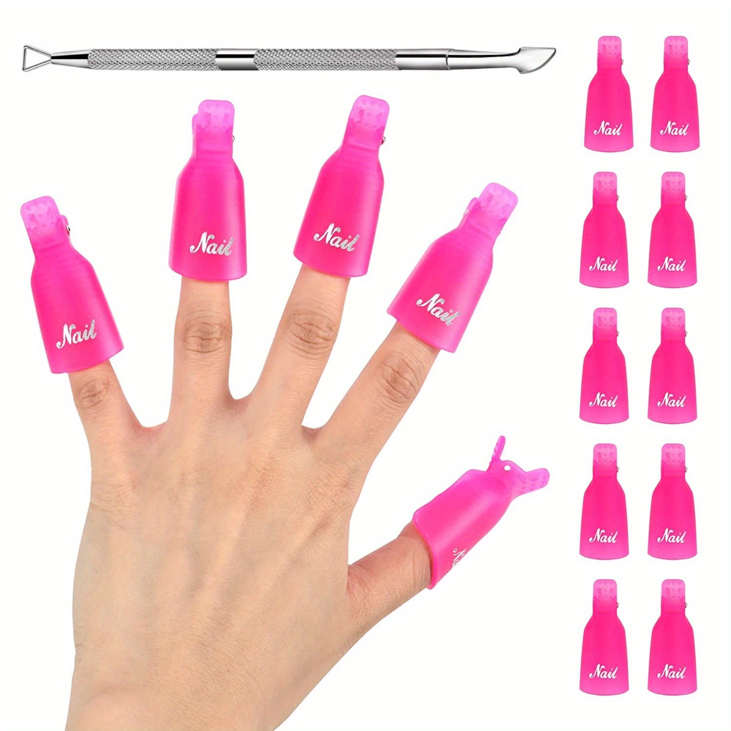 11/21pcs,Gel Nail Polish Remover Clips Kit,With Double Ended Metal Cuticle  Pusher,20 Pcs /10pcs Plastic Reusable Finger And Toe Nail Clips For Removal