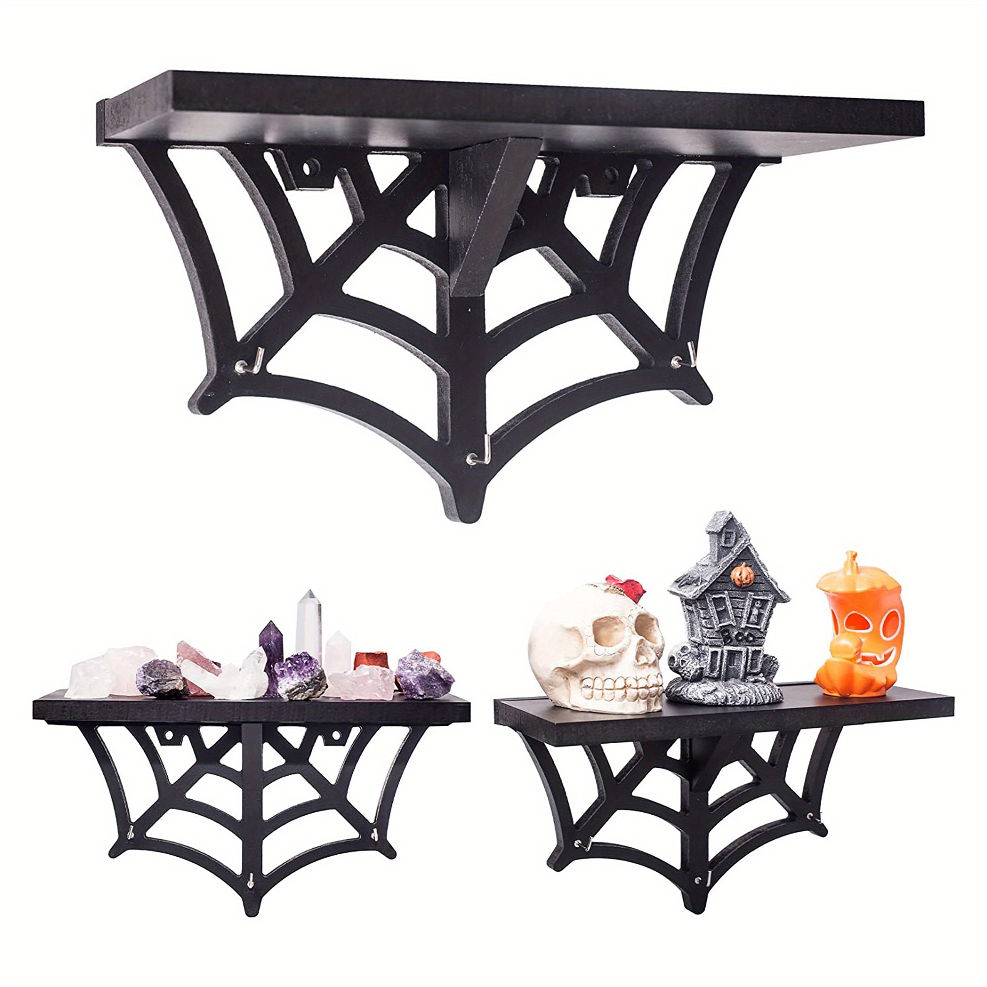 Web Floating Shelf Gothic Halloween Hanging Shelf With Hooks For Wall Black Spooky Goth Wall Decor For Kitchen And Home Crystal Display Shelf For Stones, Shelves