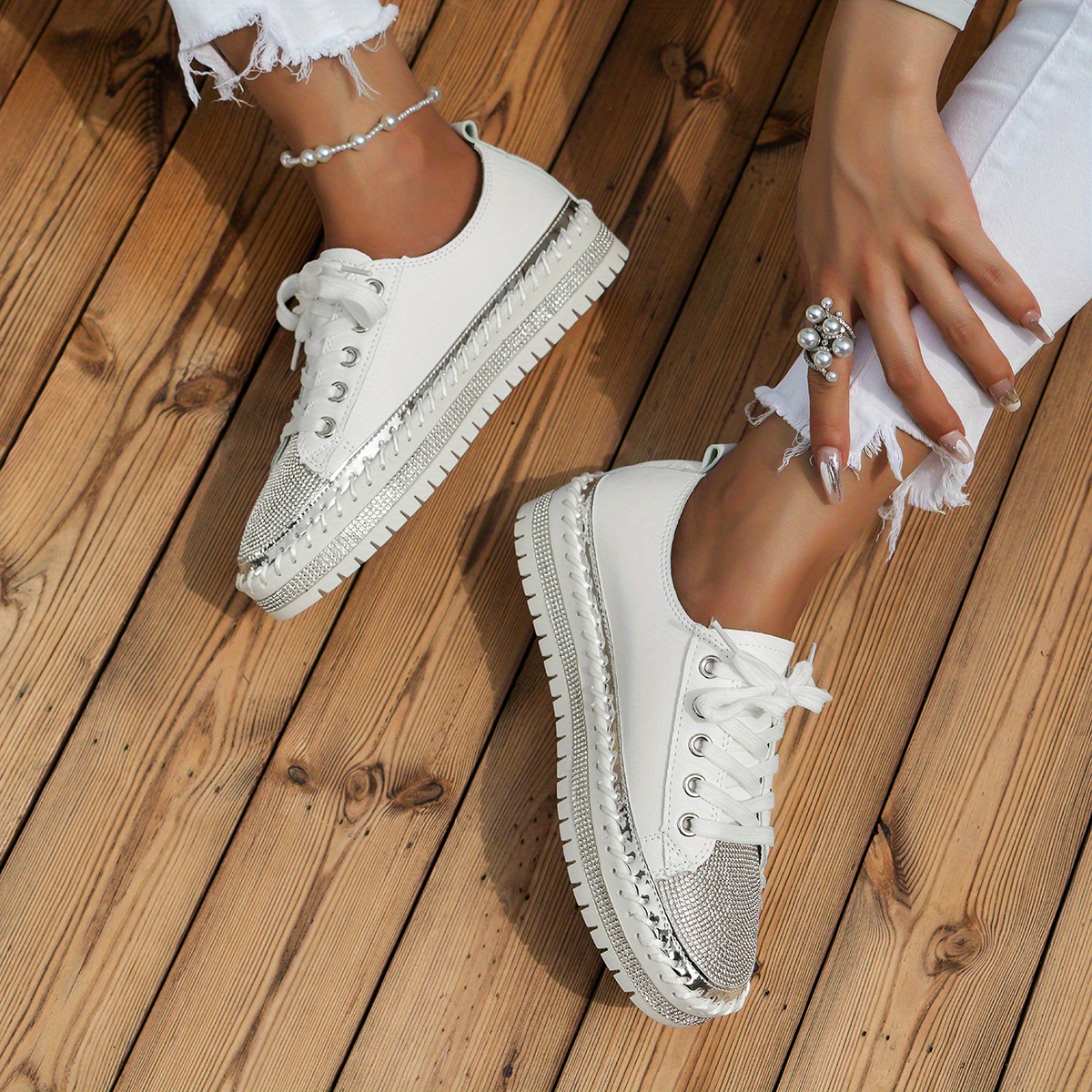 Women's Rhinestone Platform Sneakers Fashion Lace Up Low Top - Temu