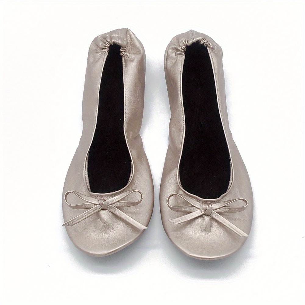 Women's Portable Ballet Flats, Bowknot Rollable Soft Sole Wedding Flat Shoes, Comfy Dancing Flat Shoes With Purse Bag