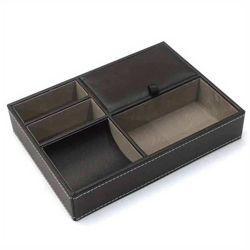 Image of Men's Jewelry Box, Valet Tray Storage Box - Faux Leather Bedside Table, Dressing Table Top Box With 5 Compartments, Can Additions, Wallets, Phones, Keys, (black, Brown, Silvery Gray, Brown)