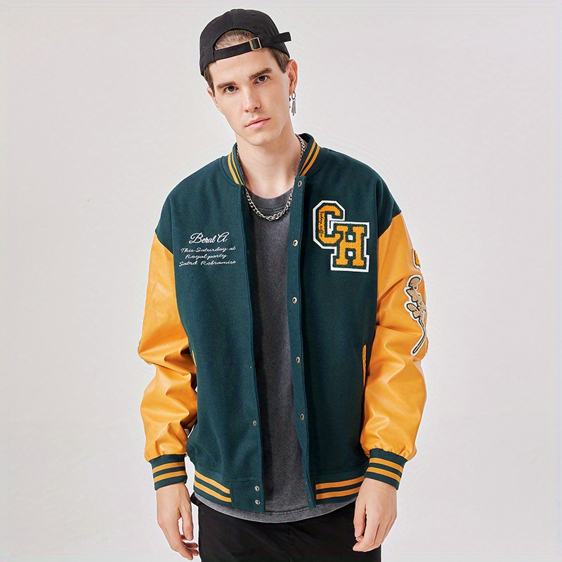 Retro Style Embroidery Varsity Pu Jacket, Men's Casual Color Block