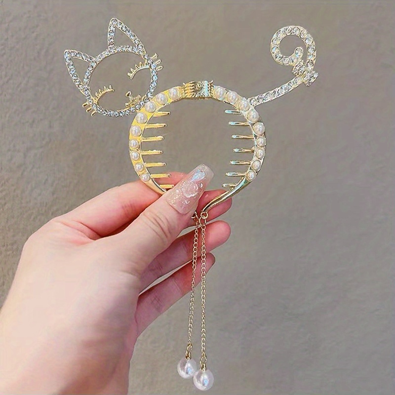 Elegant Large Cat-shaped Hair Claw Clip With Pearl & Rhinestone Accents - Alloy, Cute & Ponytail Accessory For Women, Hairpiece|cat Motif Clip|rhinestone Embellishments, Hair Accessory