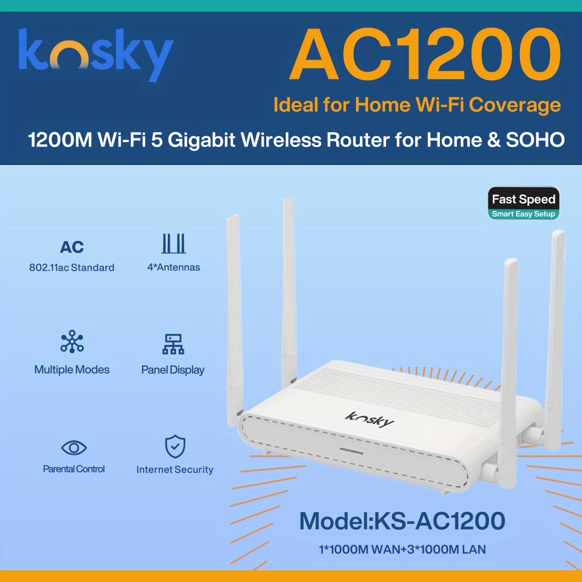 kosky ks ac1200 1200m wi fi 5 gigabit wireless router wi fi 5 wifi router wireless router dual band 2 4g 5g ac1200 1200m full gigabit 1x gigabit wan 3x gigabit lan 4 x antennas long range coverage supports guest wifi router mpde access point mode repeater mode ipv6 parental control for home and soho details 0