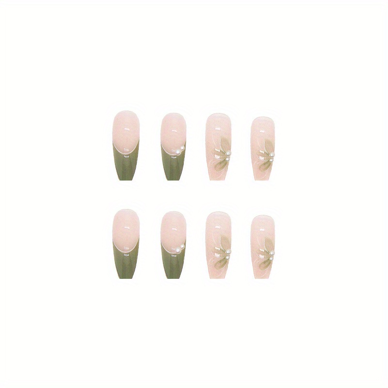 24pcs camellia pearl press on nails glossy full cover medium ballet false nails for women and girls fresh green fake nails with exquisite design details 3