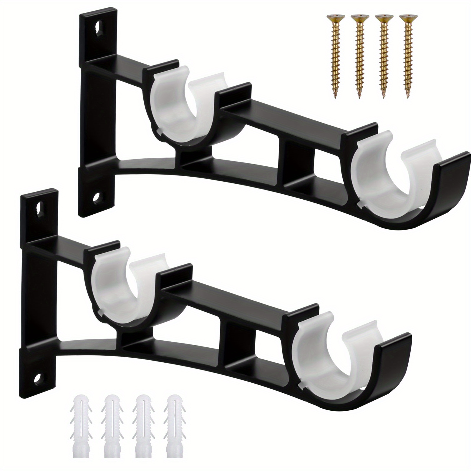 2 sets Heavy Duty Curtain Rod Brackets - Double Curtain Rod Holder Hooks  for Clothes Rods - Black Metal Curtain Pole Brackets with 4 Screws -  Supports
