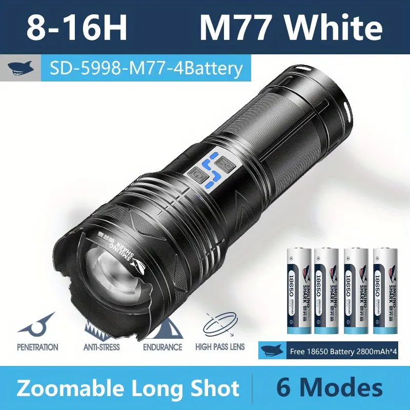 1pc rechargeable led flashlight super bright zoomable waterproof flashlight with batteries included 6 lighting modes powerful handheld flashlight for camping emergencies details 0