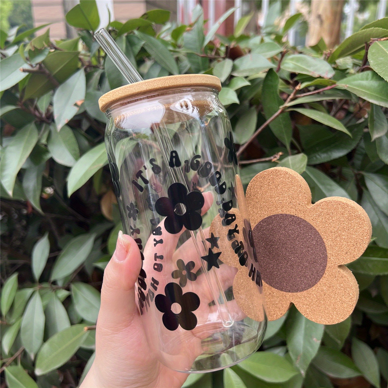 Flower Theme Glass Straw Cup Set ( Glass Cup + Mason Jar Lid +