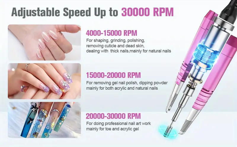 rechargeable nail drill 30000rpm portable electric e file malory acrylic nail gel polish remover machine with drill bits set manicure nail tech art salon home diy pink gift set details 2