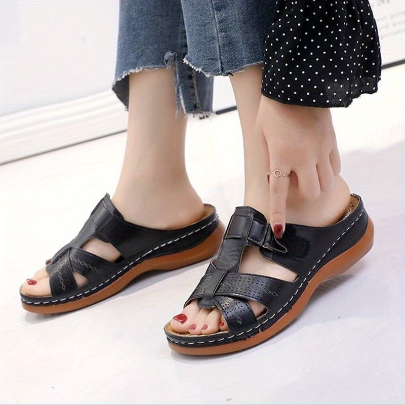womens vintage style summer sandals solid color open toe slip on shoes with stitched detail flat rubber   made materials     2
