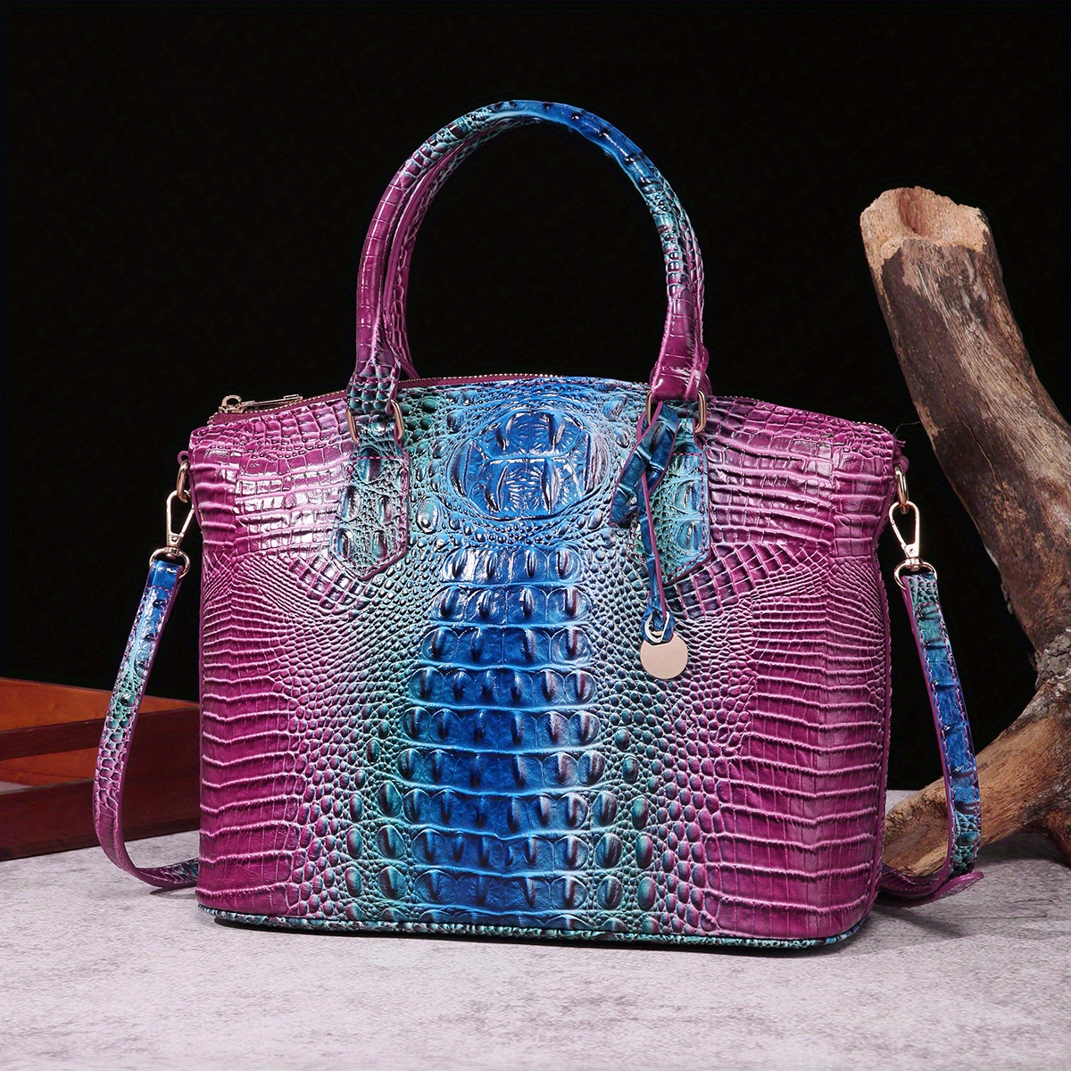 ZiMing Rectangle Handbags for Women Top-Handle Handbag Crocodile Pattern  Leather Purse Satchel Long Tote Bags Shoulder Bag