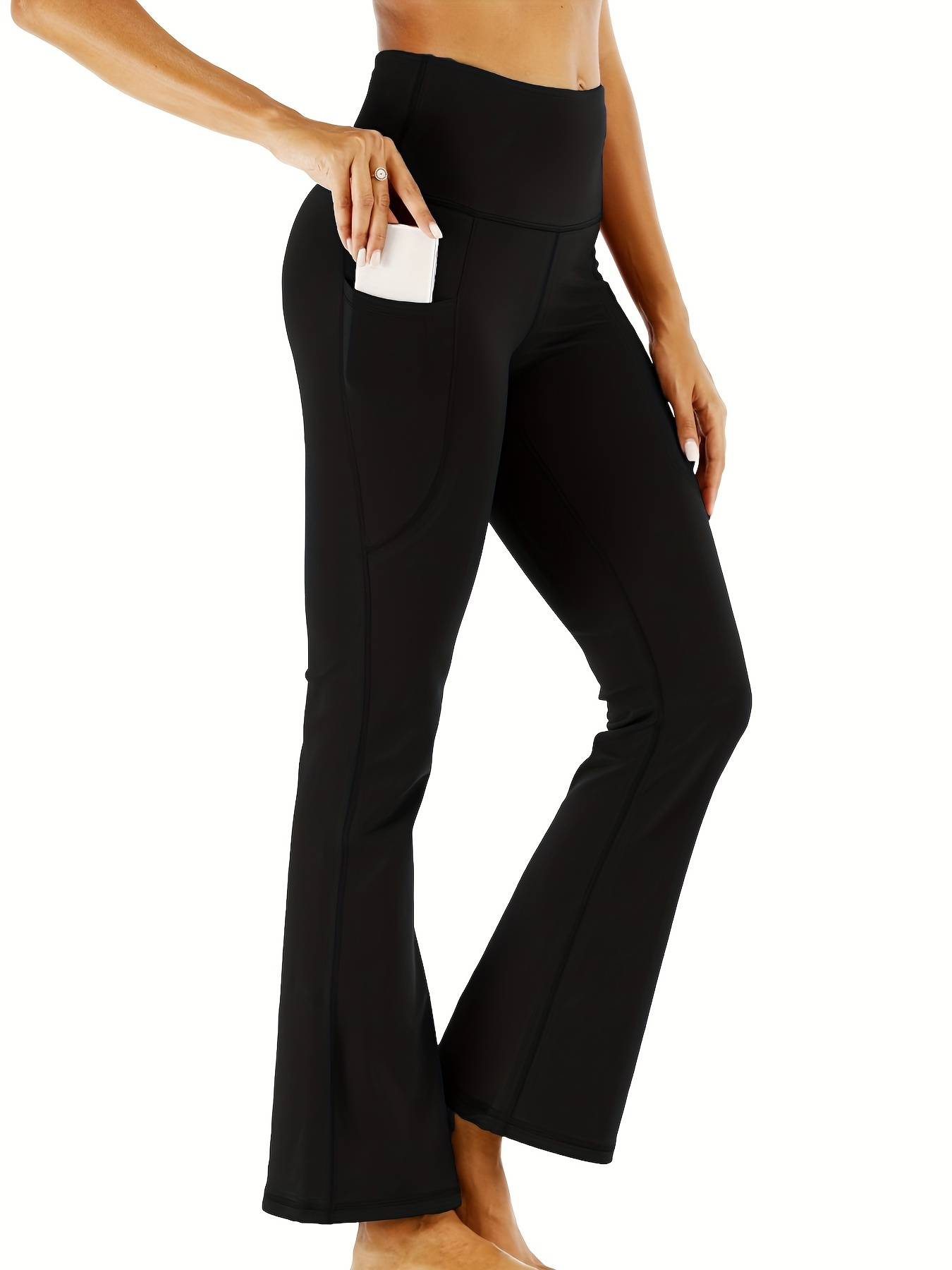 Solid Color Butt Lifting Flared Pants Pocket High Stretch - Temu