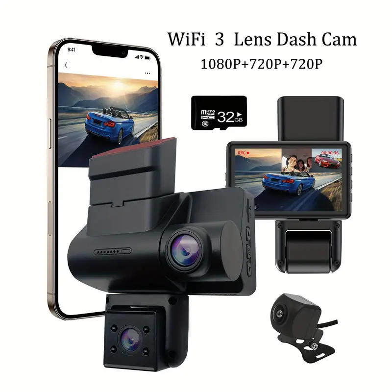 Built-in Wifi Dash Cam Front And Inside And Rear,dash Camera For Cars, Fhd  Dvr Car Dashboard Camera With Sd Card, Display - Temu
