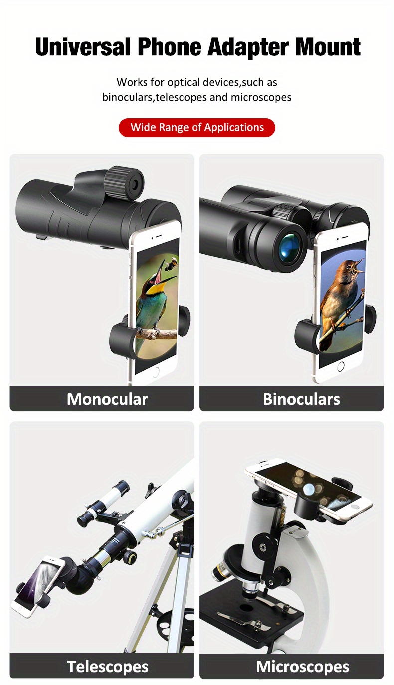 Actualización de alta definición Adaptador universal para teléfono móvil  Soporte Clip Montaje Material de goma suave para telescopio monocular  binocular Telescopio terrestre JM