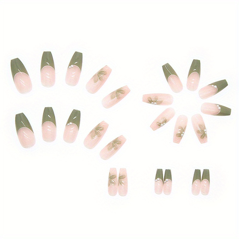 24pcs camellia pearl press on nails glossy full cover medium ballet false nails for women and girls fresh green fake nails with exquisite design details 1