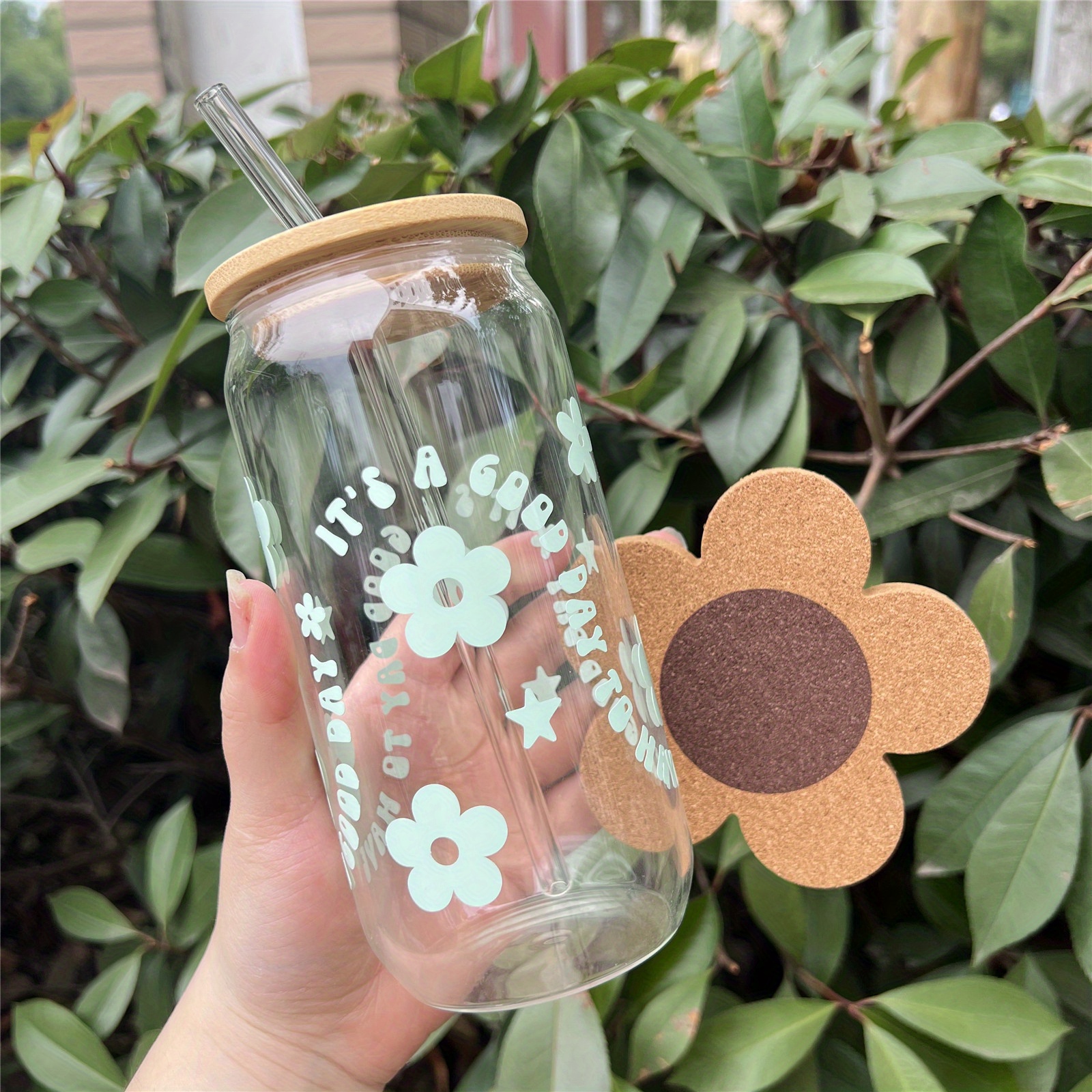 Flower Mason Jar Cup With Handle, Iced Coffee Cup With Lid & Straw