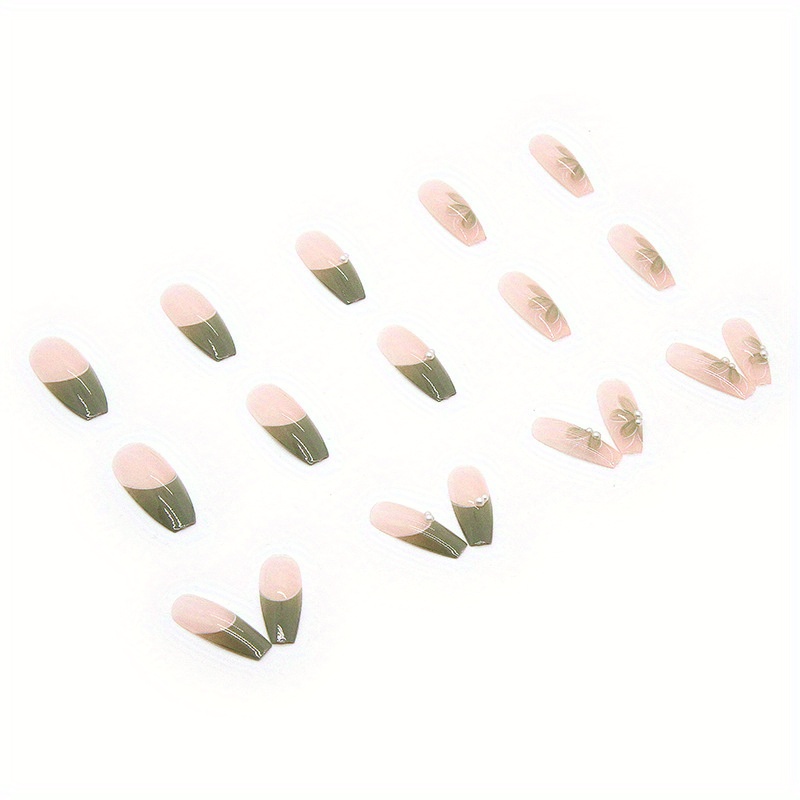 24pcs camellia pearl press on nails glossy full cover medium ballet false nails for women and girls fresh green fake nails with exquisite design details 2