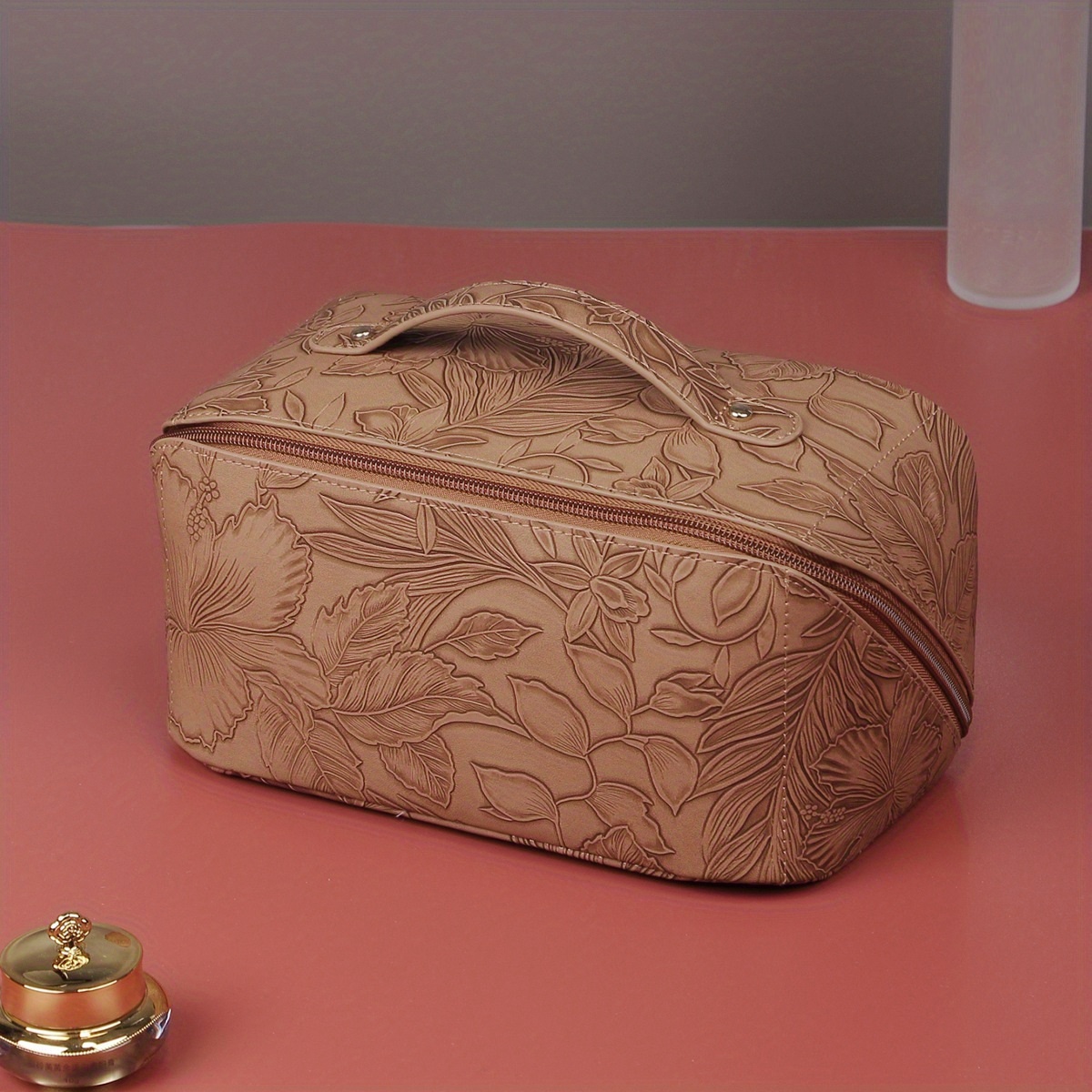 Vintage Floral Cosmetic Bag With Handle - Large Capacity Makeup